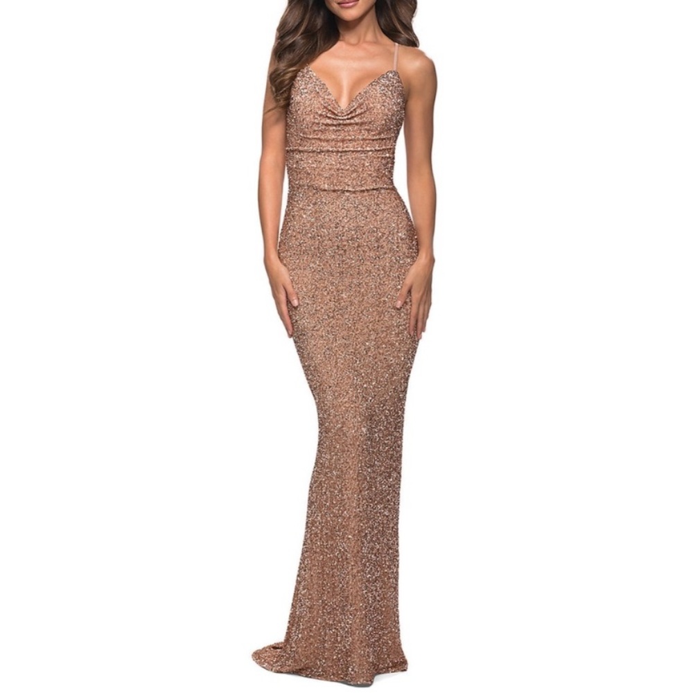 La Femme Sparkling Tan Maxi Dress